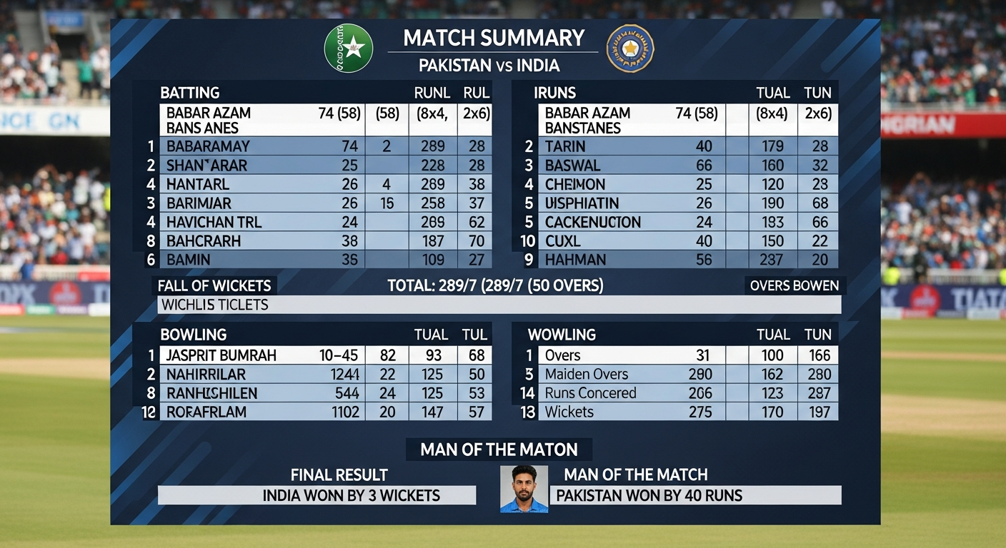 PAKISTAN NATIONAL CRICKET TEAM VS INDIA NATIONAL CRICKET TEAM MATCH SCORECARD